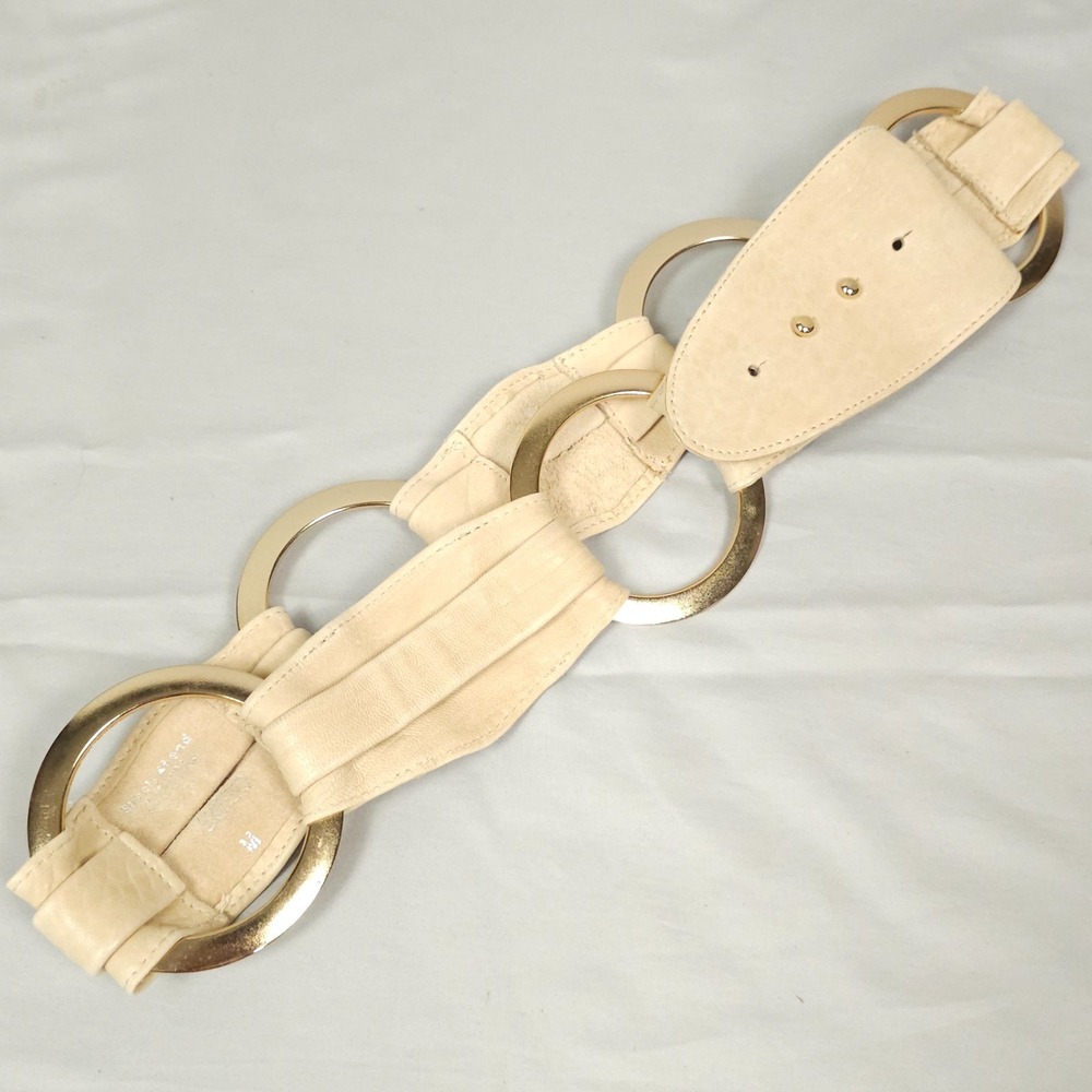 Vintage Streets Ahead Cinch Belt Women Medium Cream Leather Brass Ring Hardware
